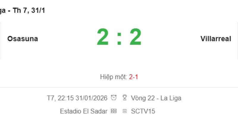 Kết quả bóng đá Osasuna vs Villarreal ngày 31/01/2026 qua thống kê