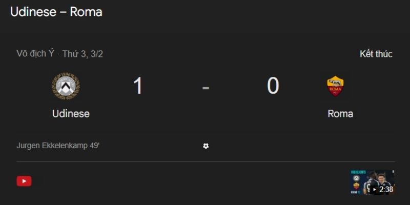 Kết Quả Bóng Đá Udinese Vs AS Roma Ngày 03/02/2026 Đầy Toan Tính